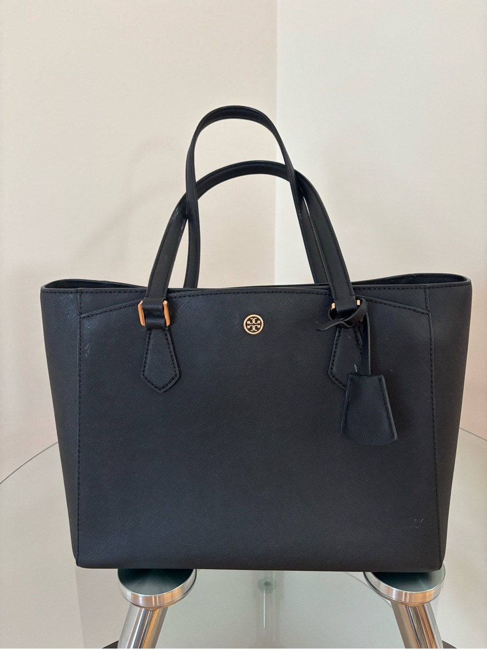 Tory Burch Black Saffiano Leather Tote with Gold Logo